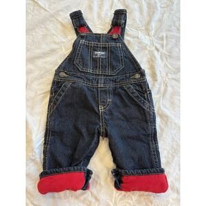 NWOT Vtg Oshkosh Size 3 Months Overalls Dark Blue Denim Red Flannel Lined Cozy